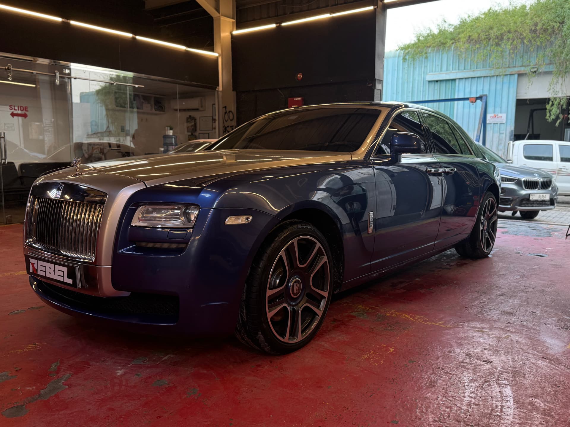 Rolls-Royce Ghost in for luxury car maintenance at Rebel Motorworks Dubai