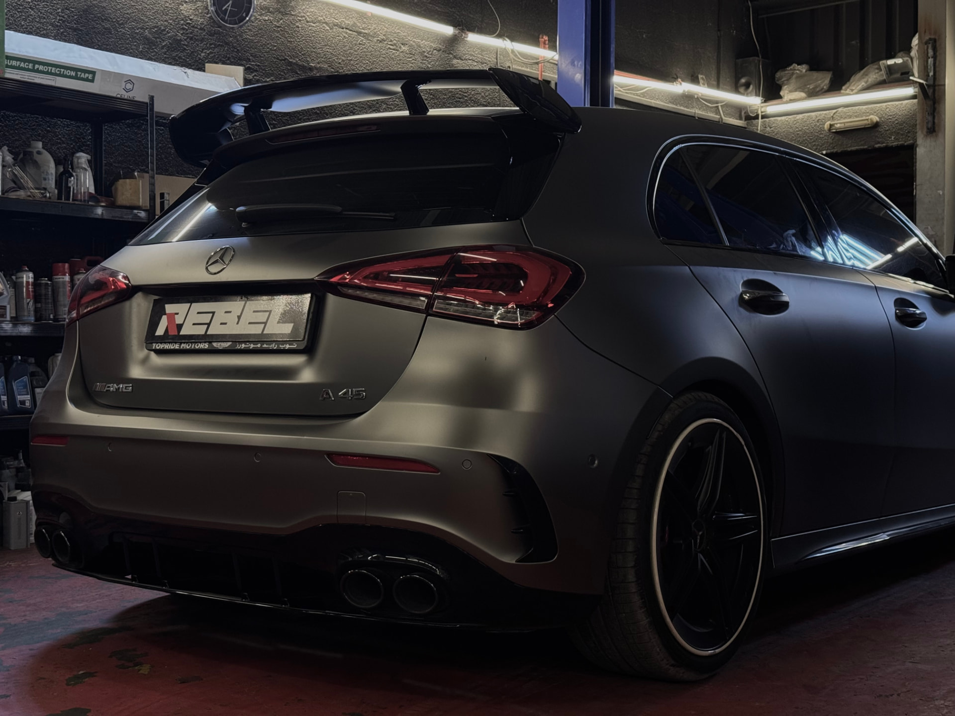 Matte grey Mercedes-AMG A 45 in for performance service in Dubai