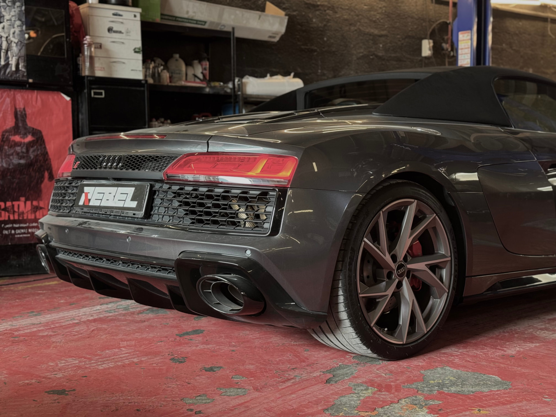 Rear view of an Audi R8 Spyder after exhaust and suspension work in Dubai