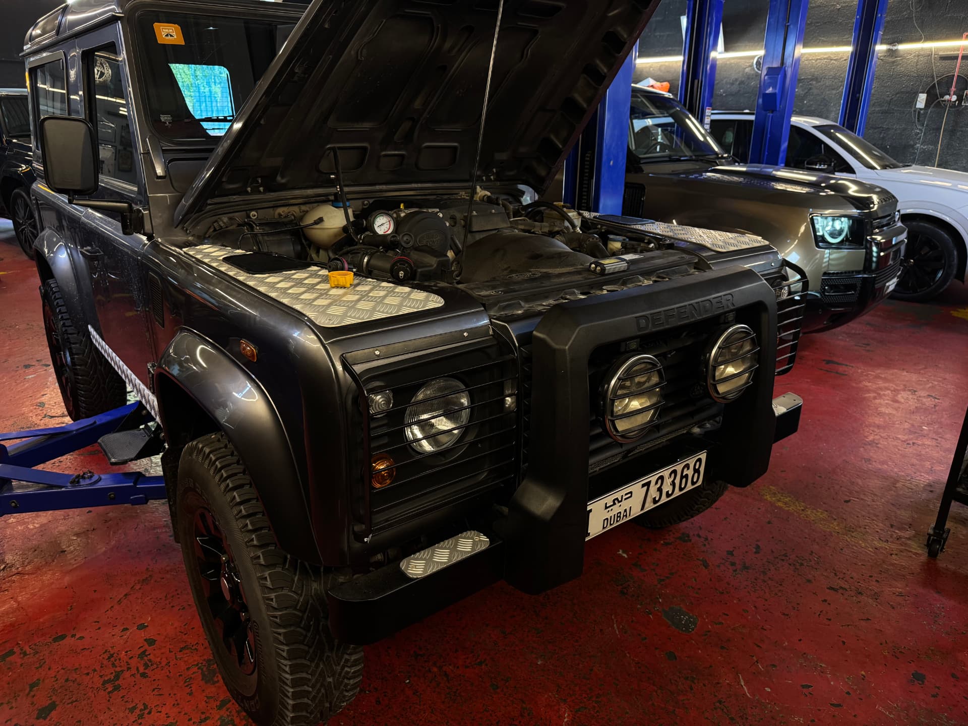 Land Rover Defender engine bay service at Rebel Motorworks Dubai