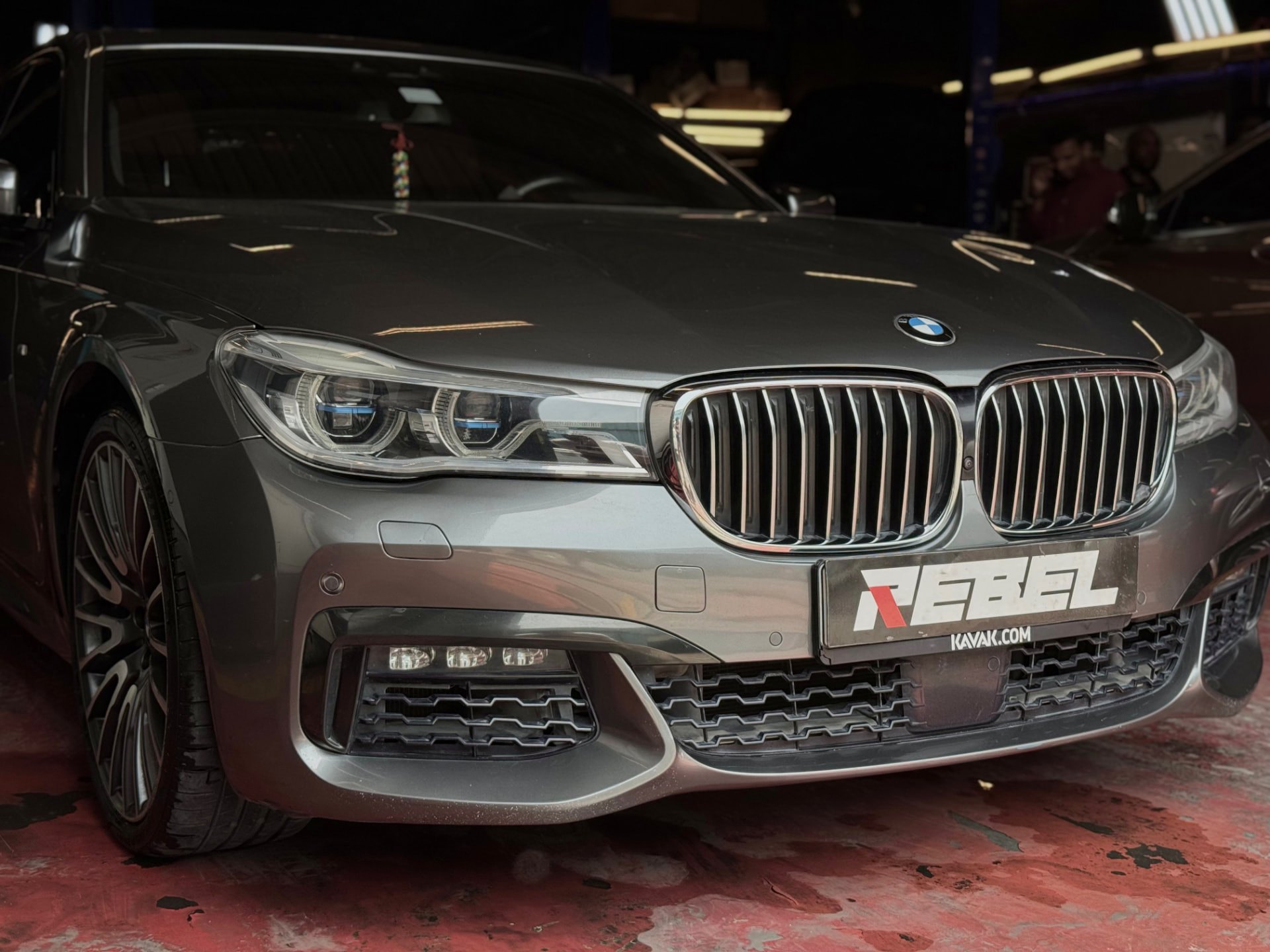 Grey BMW 7 Series front end at Rebel Motorworks workshop, Al Quoz