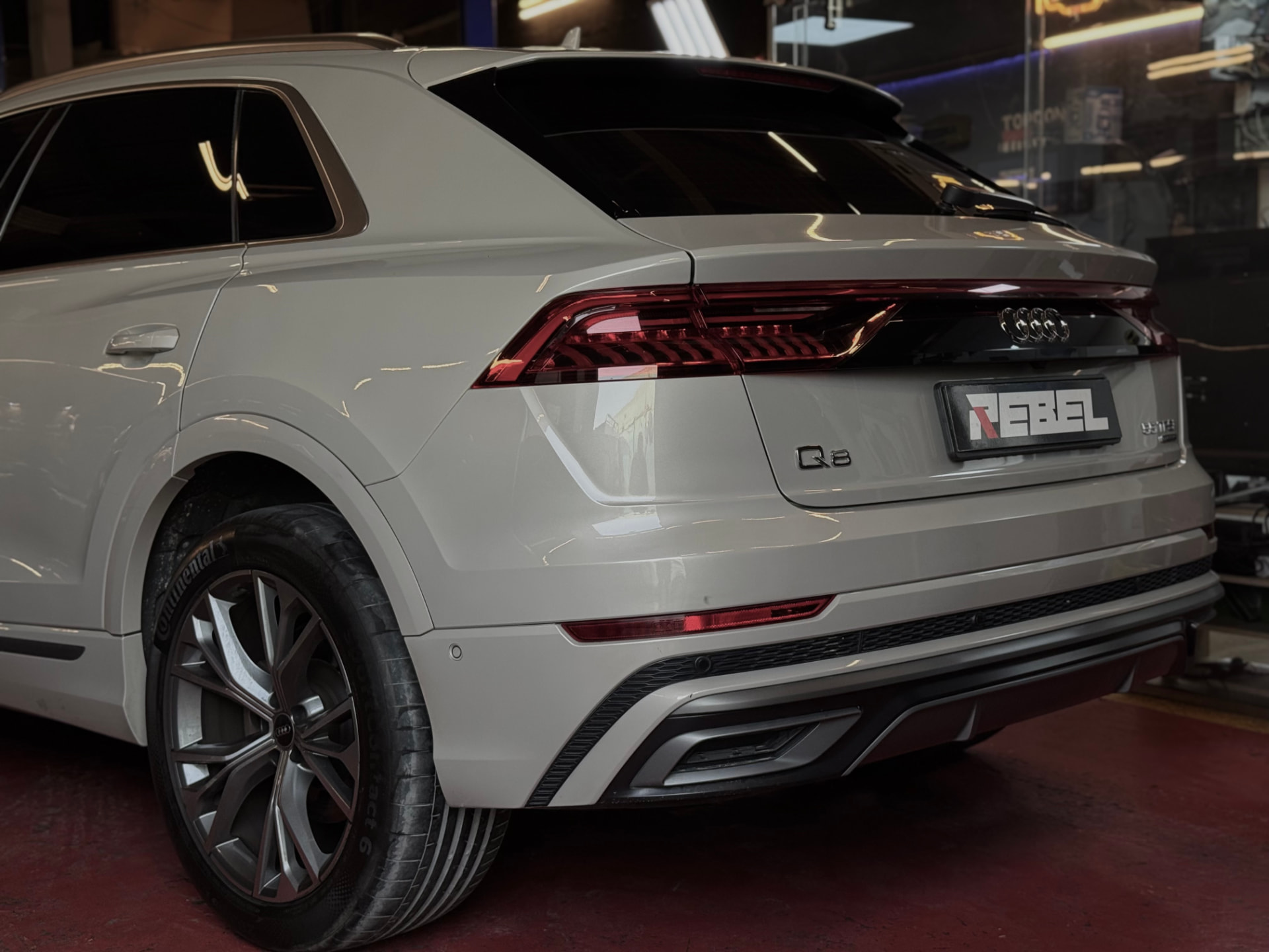 White Audi Q8 after servicing at Rebel Motorworks Al Quoz, Dubai
